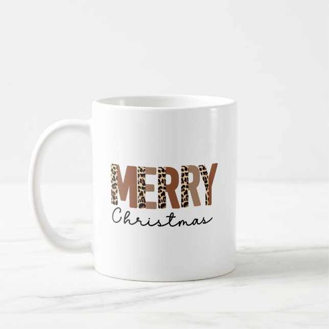 "Merry Christmas" Modern Color Blocked Leopard  Coffee Mug (Left)