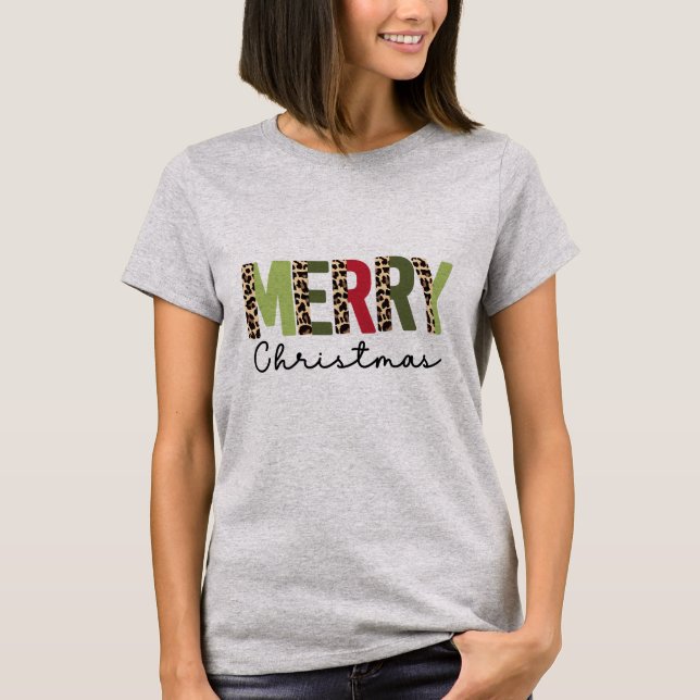 "Merry Christmas" Modern Color Blocked Leopard  T-Shirt (Front)
