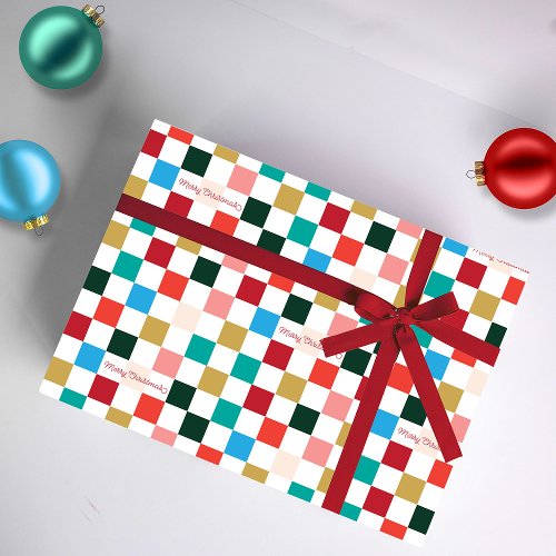 Merry Christmas Modern Colorful Checkerboard Wrapping Paper