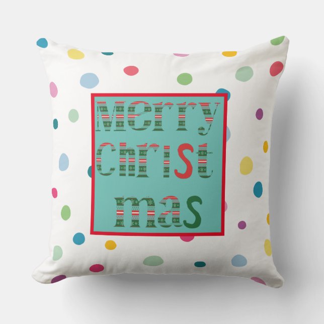 Merry Christmas modern colorful dot pattern white Throw Pillow (Front)