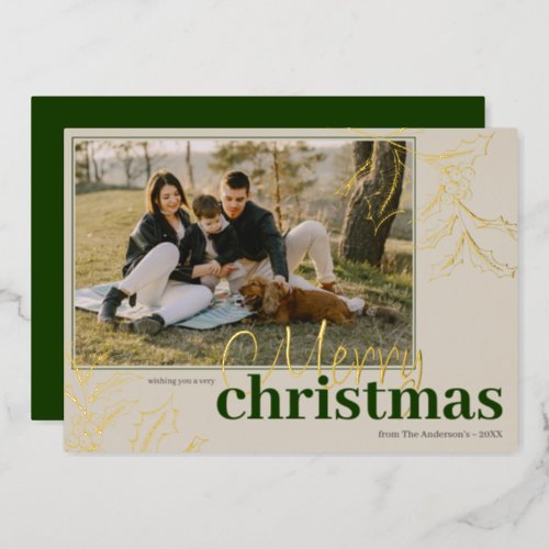 Merry Christmas Modern Custom Photo Green Gold Foil Holiday Card