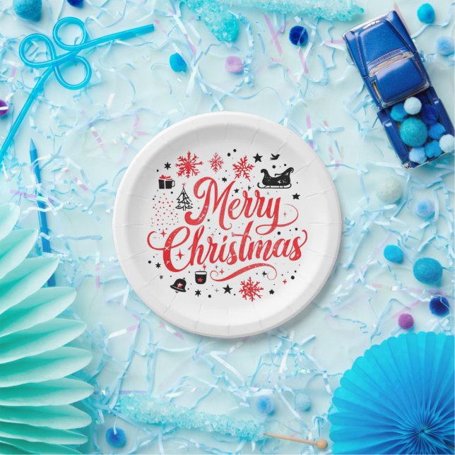Merry Christmas Modern Design | Red & White Paper Plates (Party)
