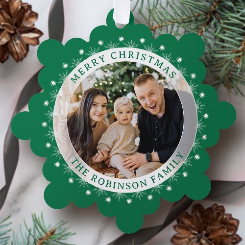 Merry Christmas Modern Elegant Family Photo Green Ornament Card