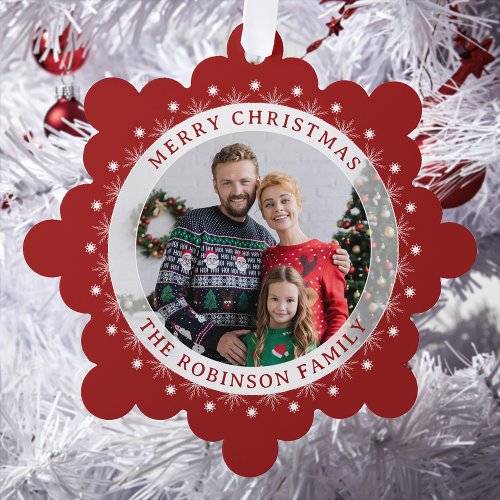 Merry Christmas Modern Elegant Family Photo Red Ornament Card