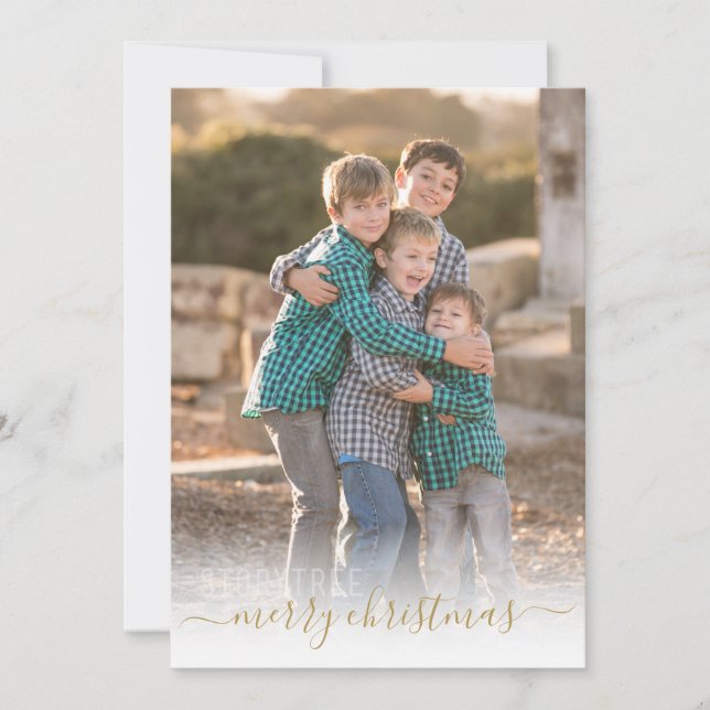 Merry Christmas Modern Elegant Gold Script Photo Holiday Card (Front)