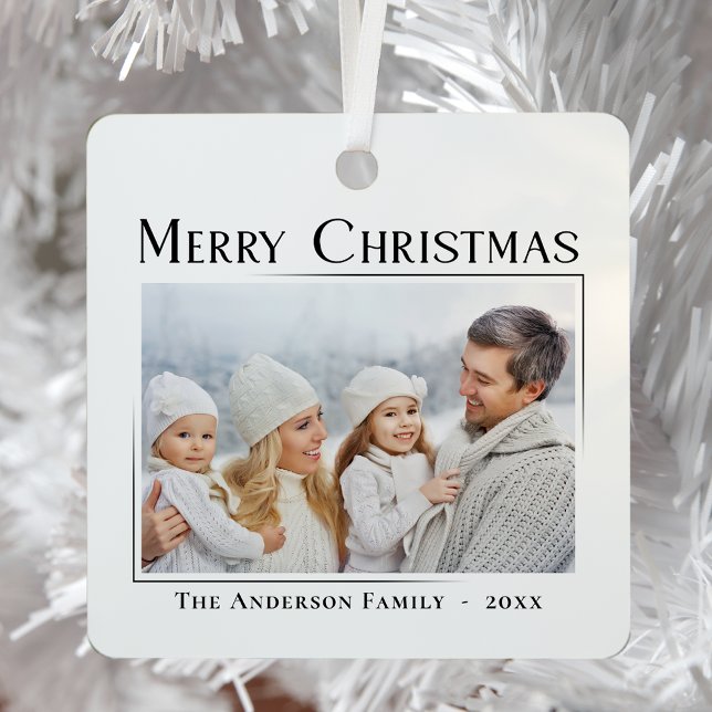 Merry Christmas Modern Elegant Minimalist Photo Metal Ornament (Creator Uploaded)