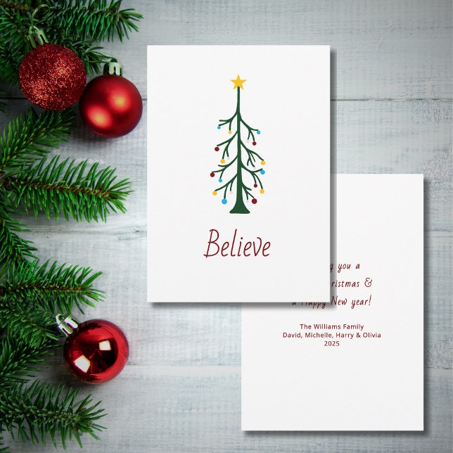 Merry Christmas Modern Evergreen Tree Believe Holiday Card (Creator Uploaded)
