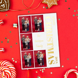 Merry Christmas Modern Family 5 Photo Collage Gold Foil Holiday Card
