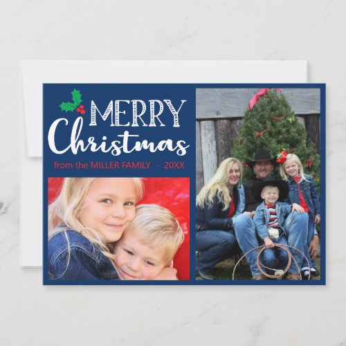 Merry Christmas Modern Family Photo Blue Red Green Holiday Card