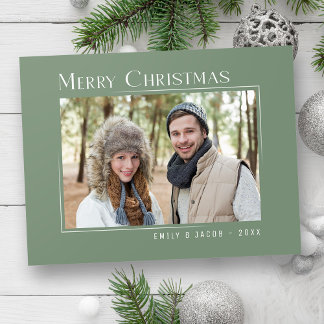 Merry Christmas Modern Family Photo Elegant Green Holiday Postcard