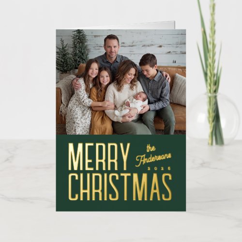 Merry Christmas Modern Family Photo - Green Foil Holiday Card