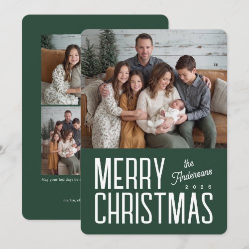 Merry Christmas Modern Family Photo - Green Holiday Card