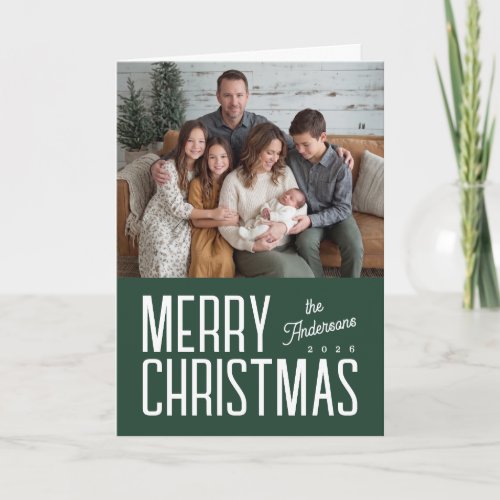 Merry Christmas Modern Family Photo - Green Holiday Card