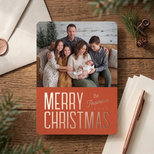 Merry Christmas Modern Family Photo - Orange Foil Holiday Card