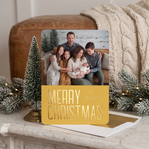 Merry Christmas Modern Family Photo - Yellow Foil Holiday Card
