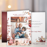 Merry Christmas modern family winter floral photo Holiday Card<br><div class="desc">Modern rustic family photo Merry Christmas folded card featuring seasonal watercolor red burgundy,  orange and blush pink botanical forest foliage and flowers wreath,  and a reindeer on a clear white background.            Easy to personalize with your family photos and wishes on the front side,  and your text and signature inside!</div>