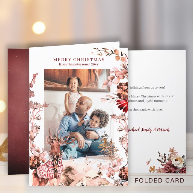 Merry Christmas modern family winter floral photo Holiday Card (Creator Uploaded)
