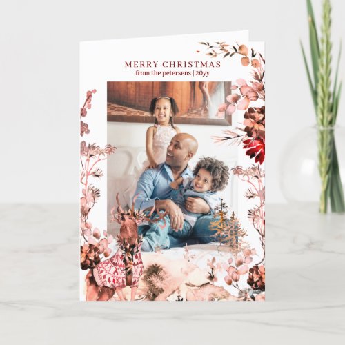 Merry Christmas modern family winter floral photo Holiday Card