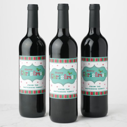 Merry Christmas Modern Festive Colorful Name Wine Label