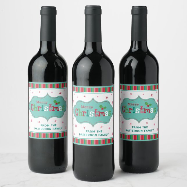Merry Christmas Modern Festive Colorful Name Wine Label (Bottles)