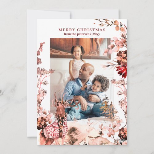 Merry Christmas modern floral and reindeer photo Holiday Card