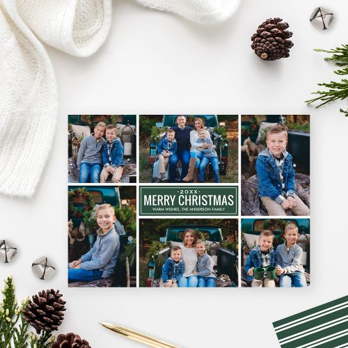 Merry Christmas Modern Forest Green Photo Collage Holiday Card
