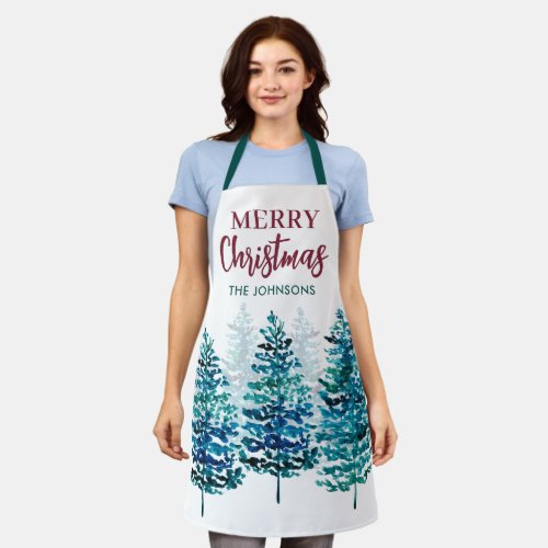 Merry Christmas Modern Forest Trees Womens Apron