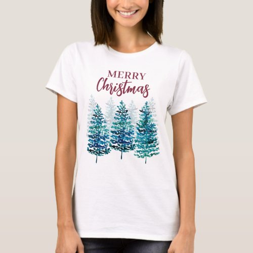 Merry Christmas Modern Forest Trees Womens T_Shirt