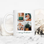 Merry Christmas | Modern Four Photo Collage Coffee Mug<br><div class="desc">This simple yet ultra modern holiday mug features four of your favorite personal photos in a unique,  layered look photo grid. The mug says "merry christmas" in elegant,  trendy forest green handwritten script typography.</div>