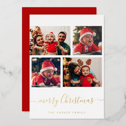 Merry Christmas  Modern Four Photo Collage  Foil Holiday Card