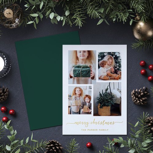 Merry Christmas  Modern Four Photo Collage Gold Foil Holiday Card