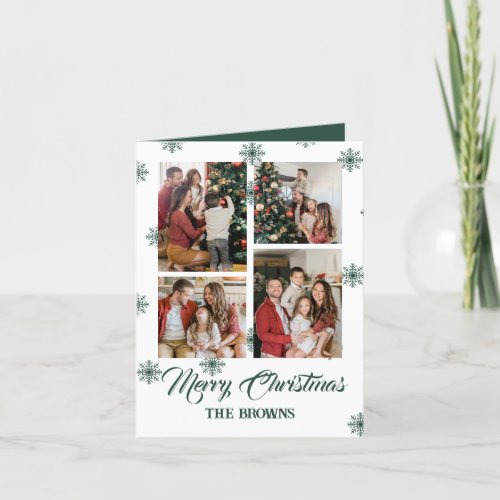 Merry Christmas Modern Four Photo Collage Green Holiday Card