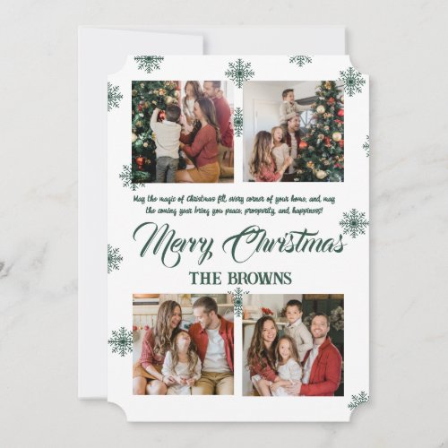 Merry Christmas Modern Four Photo Collage Green  Holiday Card