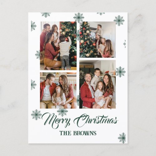 Merry Christmas Modern Four Photo Collage Green Holiday Postcard