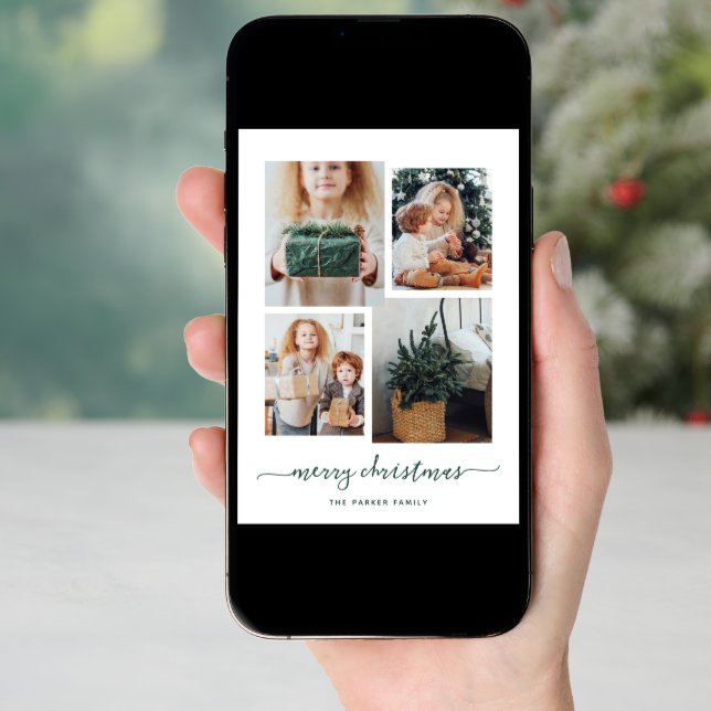 Merry Christmas | Modern Four Photo Collage Holiday Card (Front Digital)
