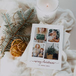 Merry Christmas | Modern Four Photo Collage Holiday Card<br><div class="desc">This simple yet ultra modern holiday card features four of your favorite personal photos in a unique,  layered look photo grid. The brick red and white card design says "merry christmas" in elegant,  trendy handwritten script typography,  and has a spot for your name in a coordinating sans serif font.</div>