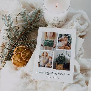 Merry Christmas   Modern Four Photo Collage Holiday Card
