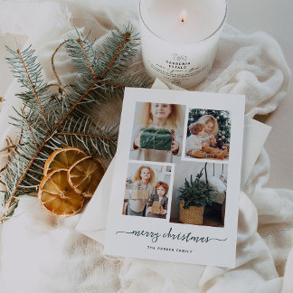 Merry Christmas | Modern Four Photo Collage Holiday Card
