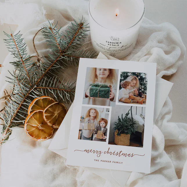 Merry Christmas | Modern Four Photo Collage Holiday Card
