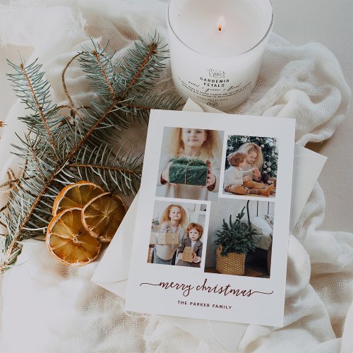 Merry Christmas  Modern Four Photo Collage Holiday Card