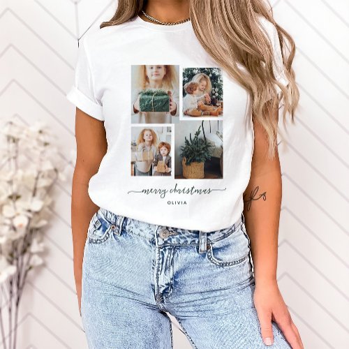 Merry Christmas  Modern Four Photo Collage T_Shirt