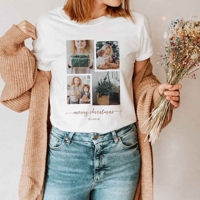 Merry Christmas | Modern Four Photo Collage T-Shirt (This holiday shirt features a trendy and modern four photo collage with terracotta script)