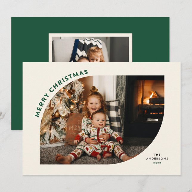 Merry Christmas Modern Frame Green Letters Holiday Card (Front/Back)