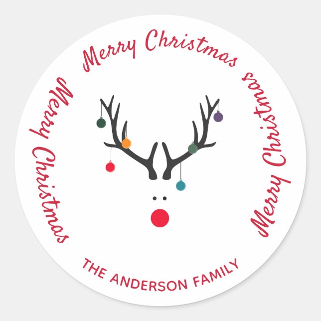Merry Christmas modern funny reindeer white Classic Round Sticker (Front)