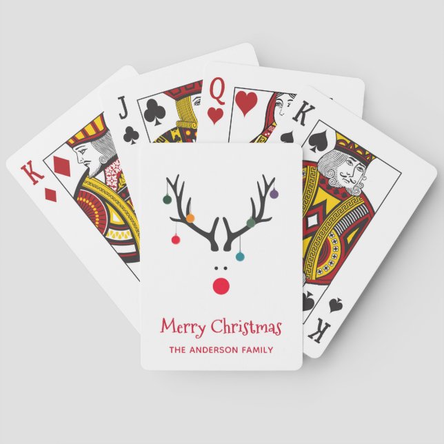 Merry Christmas modern funny reindeer white Poker Cards (Back)