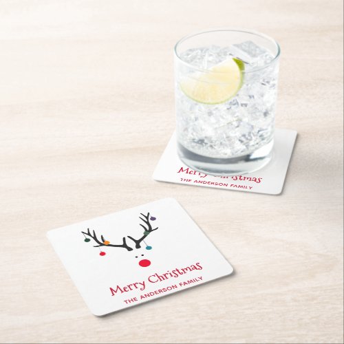 Merry Christmas modern funny reindeer white Square Paper Coaster