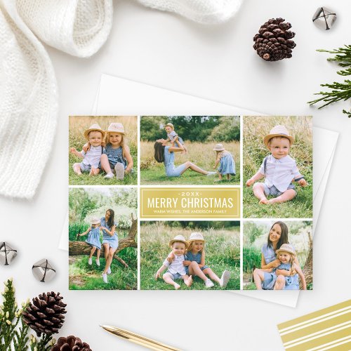 Photo Collage Christmas Card | Gold Chevron