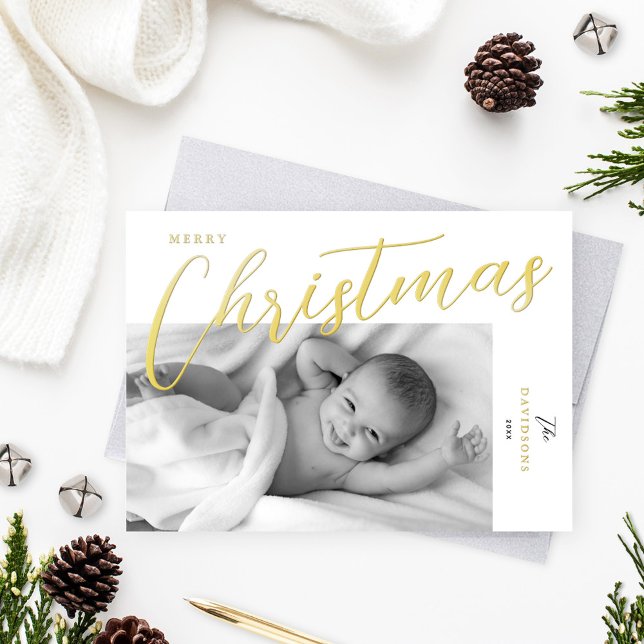 Merry Christmas Modern Gold Script Photo Foil Holiday Card (Creator Uploaded)