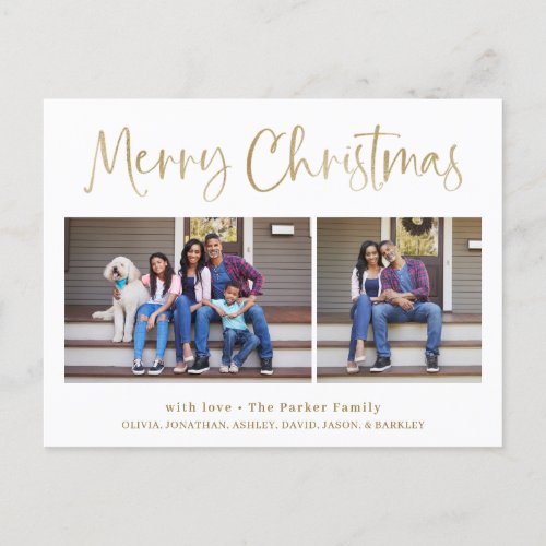 Merry Christmas  Modern Gold Two Photo Holiday Postcard