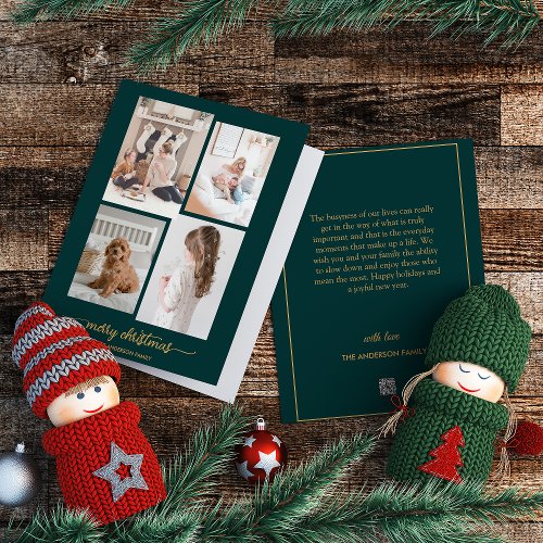 Merry Christmas  Modern Green Four Photo Collage Holiday Card